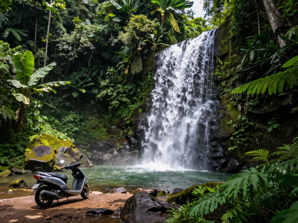 A waterfall splashing into a pool in a tropical forest, with a scooter parked on a trail nearby.