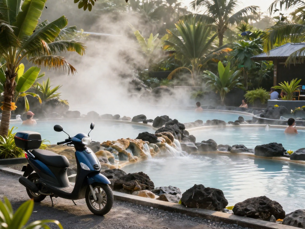 Steaming hot spring pools with a scooter in the foreground, surrounded by tropical greenery.