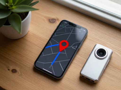 A smartphone with a map showing a location pin and a route placed on a wooden table next to a small GPS tracker, in soft daylight.