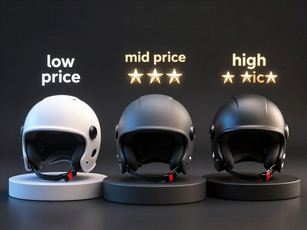 Three helmets displayed with price indicators and star ratings for safety.