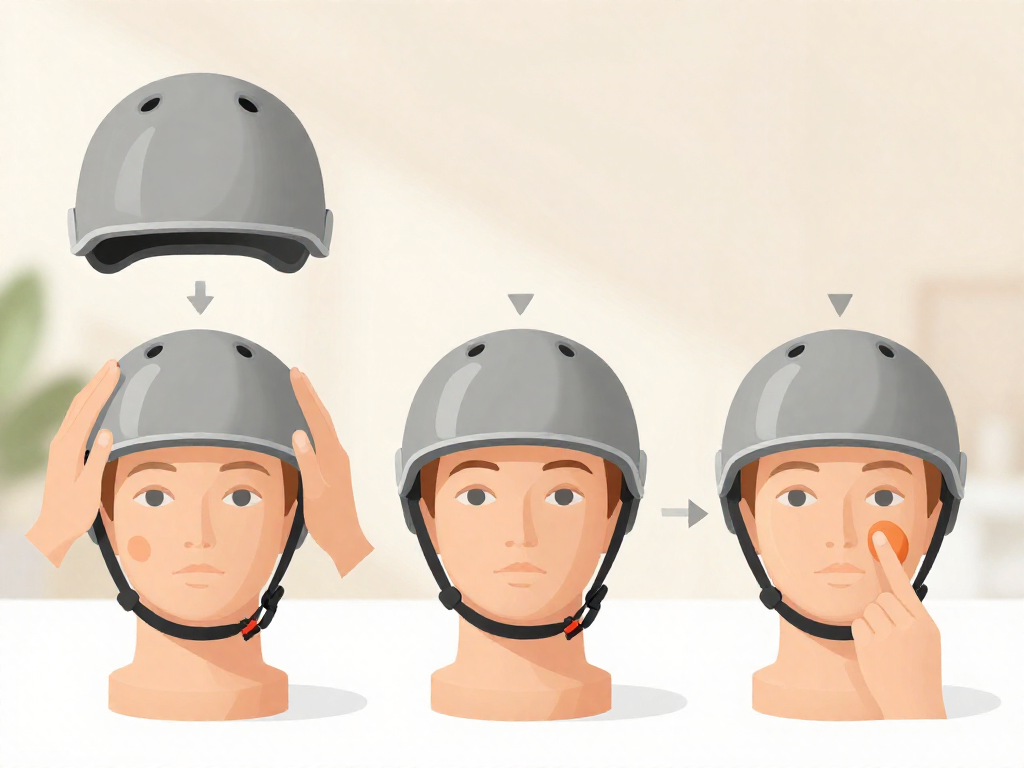 Step-by-step visual guide to fitting a helmet correctly on a head.