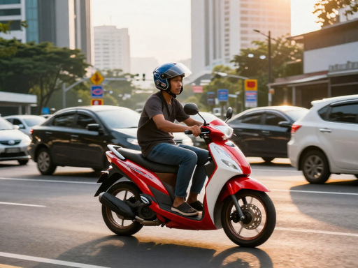 A rider on a red and white automatic scooter filtering through Kuala Lumpur traffic during sunset.