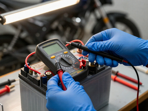 Gloved hands using a multimeter to check the voltage of a motorcycle battery, with the digital meter displaying numbers.
