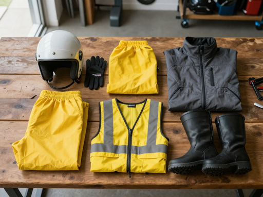 Overhead view of motorcycle gear including a white helmet, black gloves, yellow rain jacket, gray jacket, and boots laid out on a wooden surface.