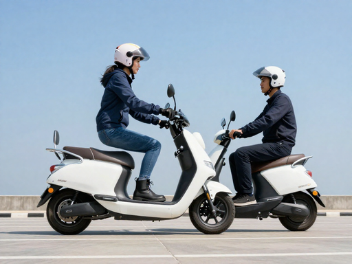 A passenger correctly steps onto the scooter foot peg with one foot while the other remains on the ground, the rider holds the scooter steady, both wear helmets and protective gear.