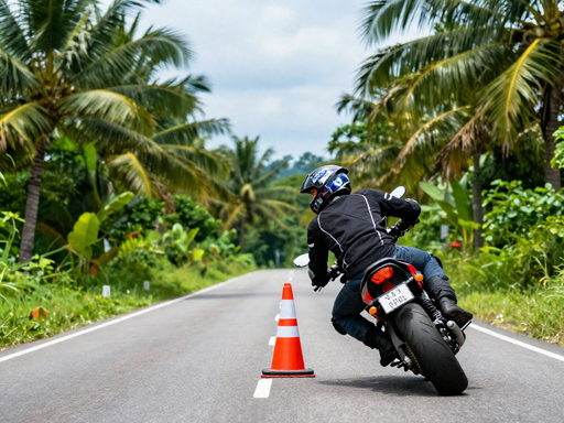 A motorcyclist focusing on a traffic cone while cornering, illustrating target fixation that leads to steering errors.