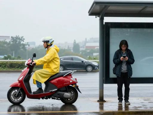In the rain, a scooter rider in rain gear is ready to go, while a person waits under a shelter for a ride-hailing car
