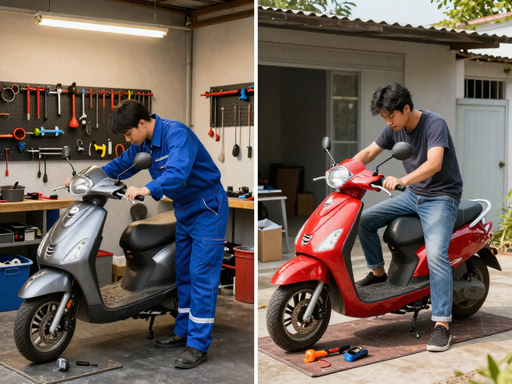 Split view comparing a professional mechanic in a workshop on the left and a home rider in a garage on the right, both repairing a scooter.
