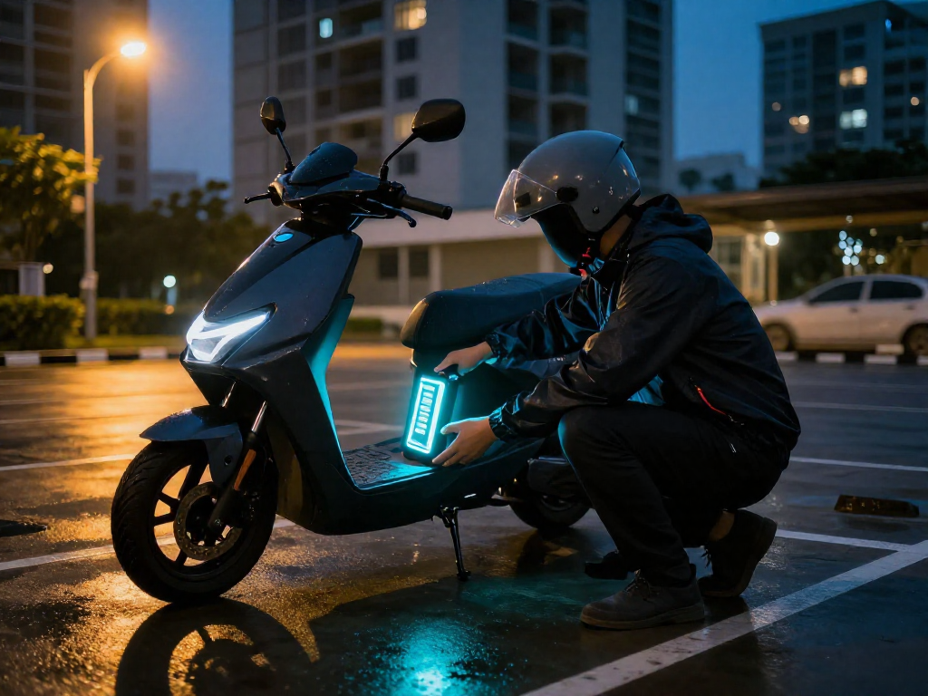 A helmeted rider swapping a removable battery from an electric scooter in a condo parking lot at dusk.
