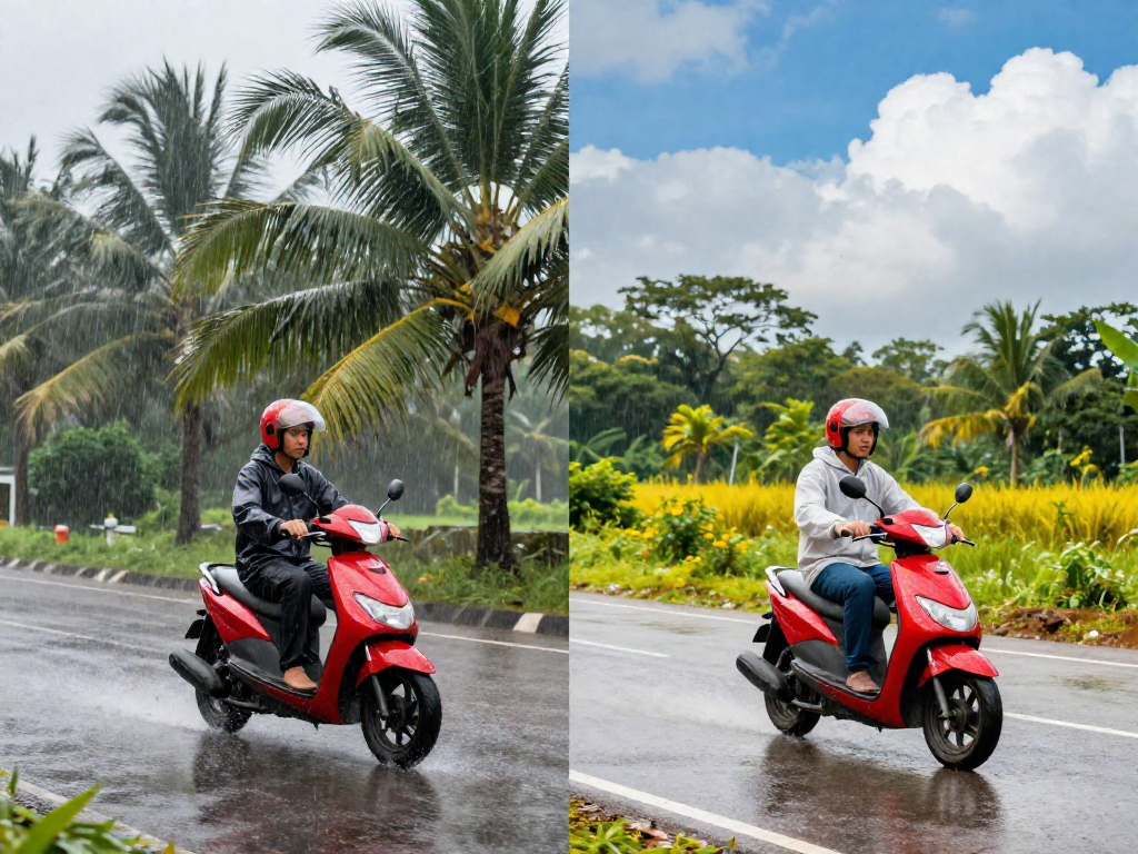 A side-by-side comparison of a scooter being ridden through heavy rain and in sunny weather on a tropical road.