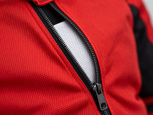 Close-up of a red motorcycle jacket with an open ventilation zipper, showing the mesh fabric and white protective armor underneath.