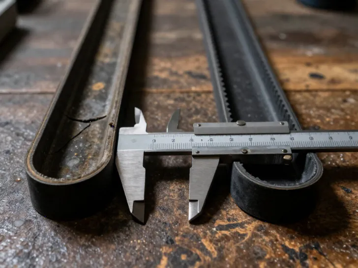 Close-up side-by-side comparison of a worn and cracked CVT belt next to a new belt, with a caliper measuring width