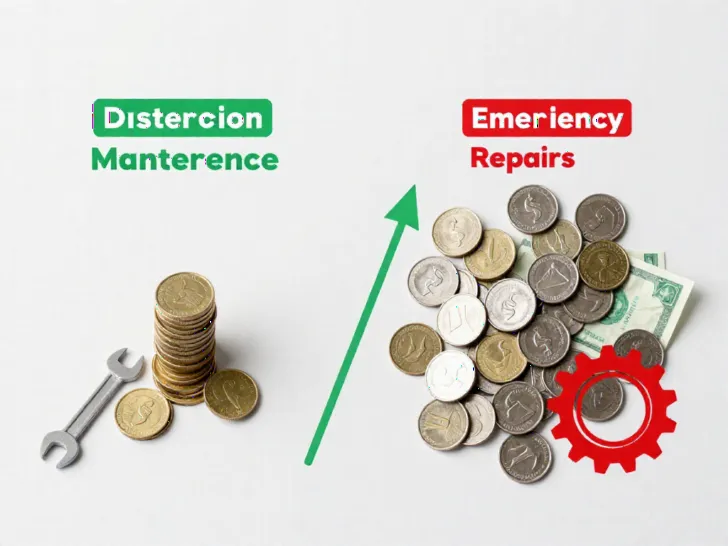 Infographic comparing a small pile of coins for regular maintenance to a large scattered pile of money for emergency repair