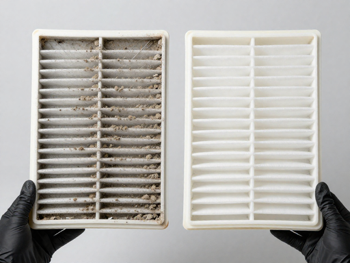 Two scooter air filters compared: one dirty and clogged with dust, the other clean and white.
