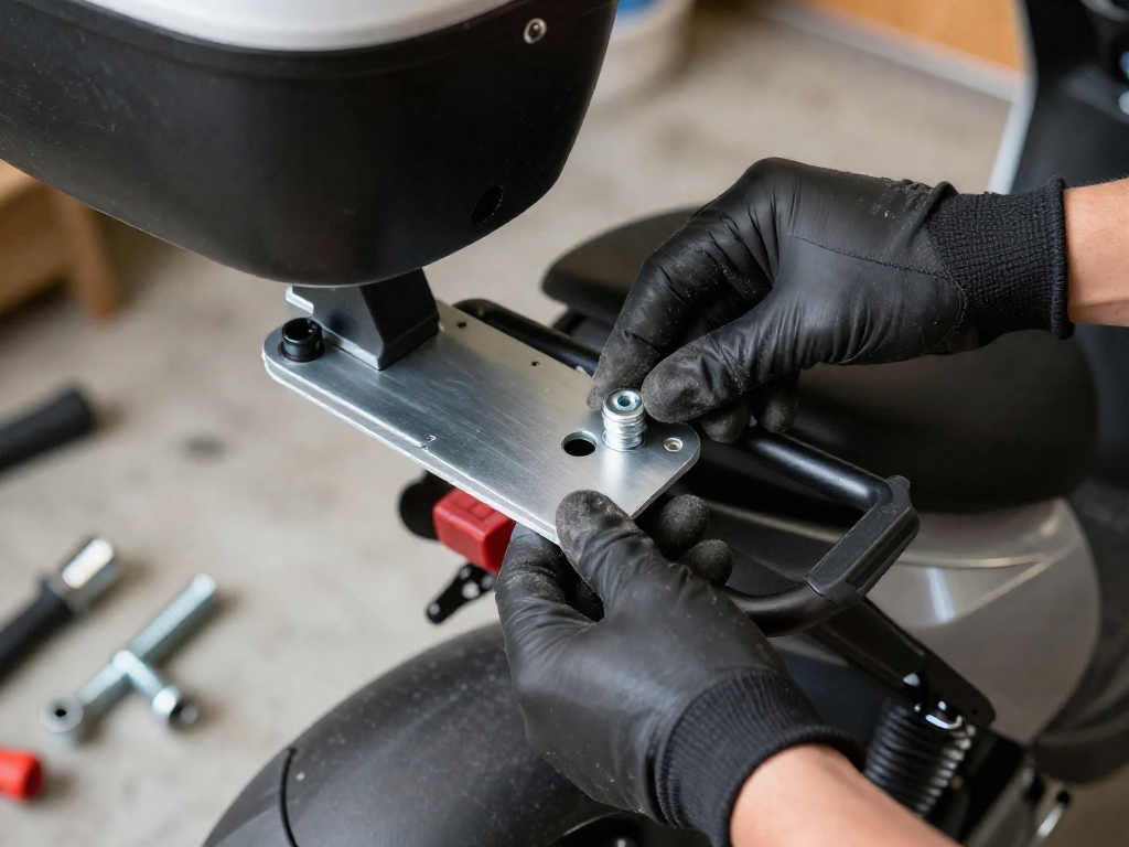 Close-up of hands attaching a mounting plate to a scooter rack, with tools and bolts nearby.