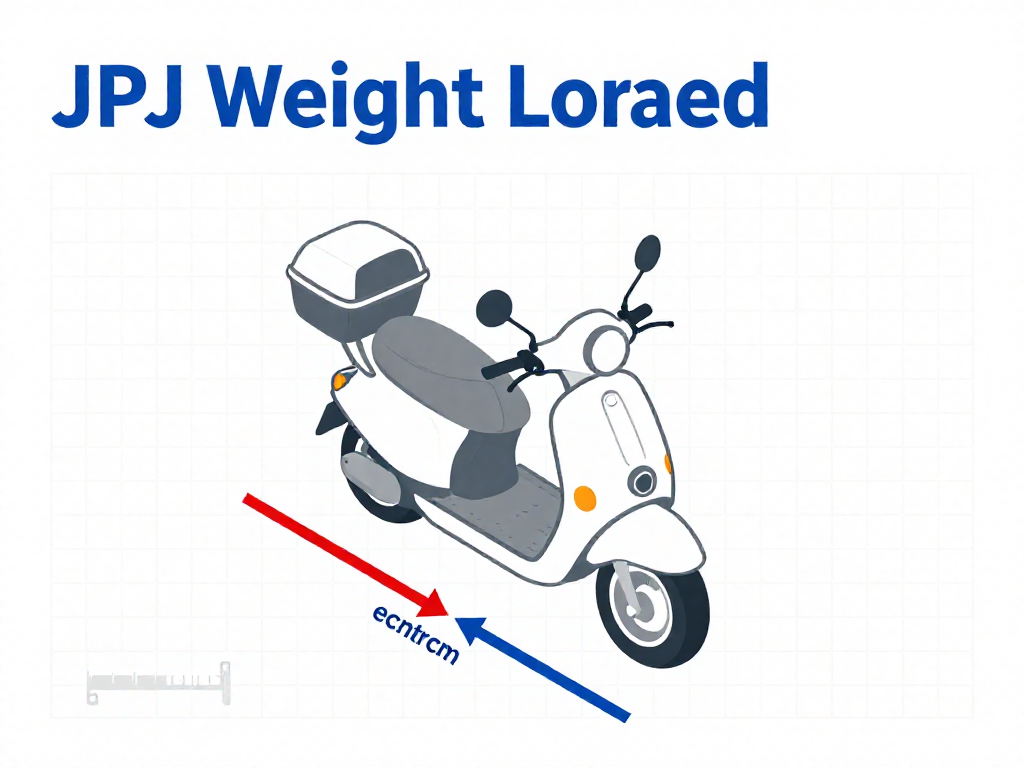 Infographic showing safe weight distribution and dimension limits for a scooter with a top box and saddlebags.