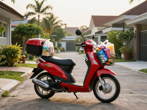 A red scooter with grocery bags in the front basket and top box, parked on a driveway.