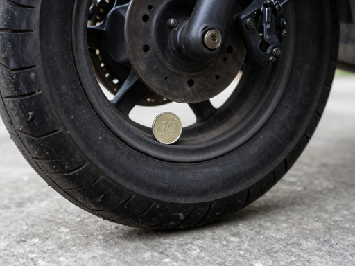 A 10 sen coin inserted into the tread of a scooter tyre to check remaining tread depth.