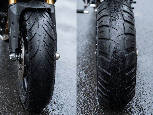 Two motorcycle tyres on a wet road: the left tyre has deep tread and clears water effectively, while the right tyre is bald and water pools around it, reducing grip.