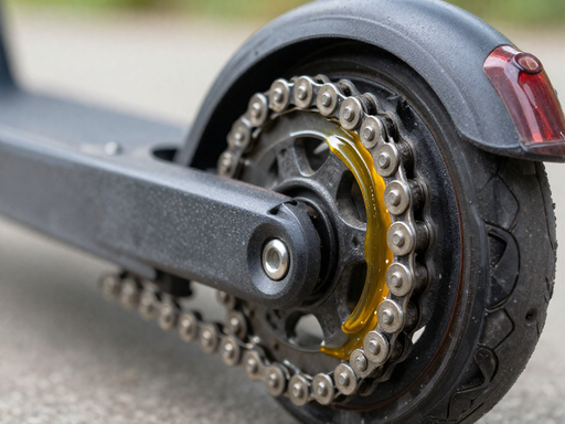 A clean and properly lubricated scooter chain with a thin layer of oil on the links and sprocket.