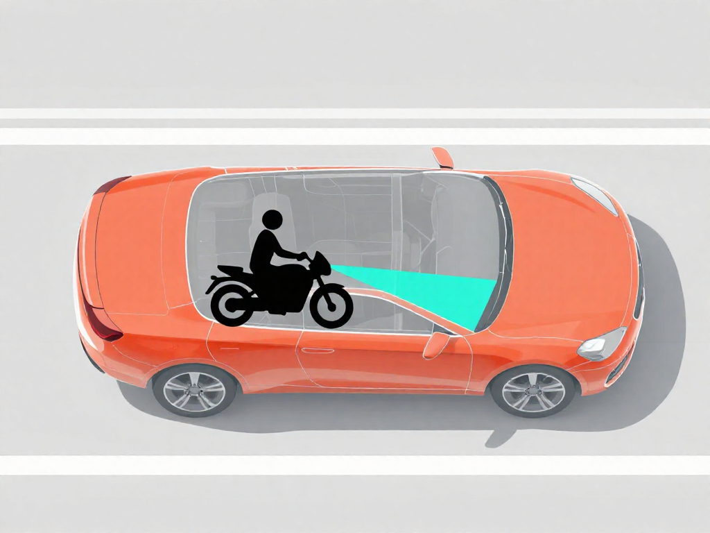 Top-down diagram of a car with red shaded blind spot areas and a motorcycle icon placed in a safe position near the driver's side mirror.