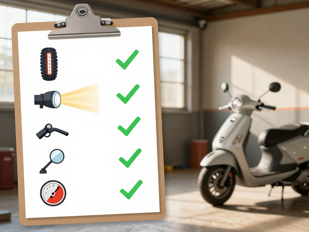 A pre-ride inspection visual checklist with icons for tires, lights, brakes, mirrors, and fuel, over a garage background.
