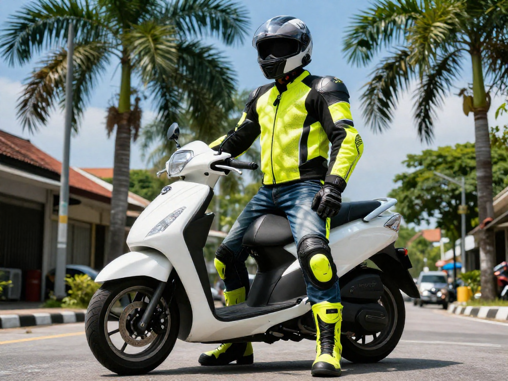 A motorcyclist in full protective gear including helmet, jacket, gloves, and boots, standing beside a scooter on a tropical street with palm trees.