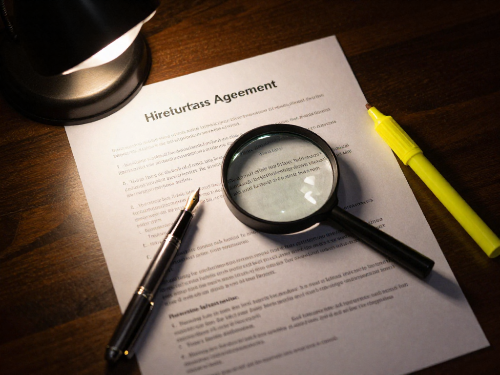 Close-up of a hire purchase agreement with a magnifying glass focusing on a clause, a fountain pen, and a highlighter on a wooden desk.