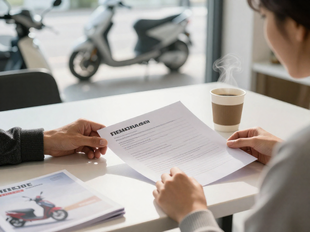 Hands of a buyer and dealer reviewing hire purchase papers on a desk, with coffee and a scooter brochure in a sunlit dealership.