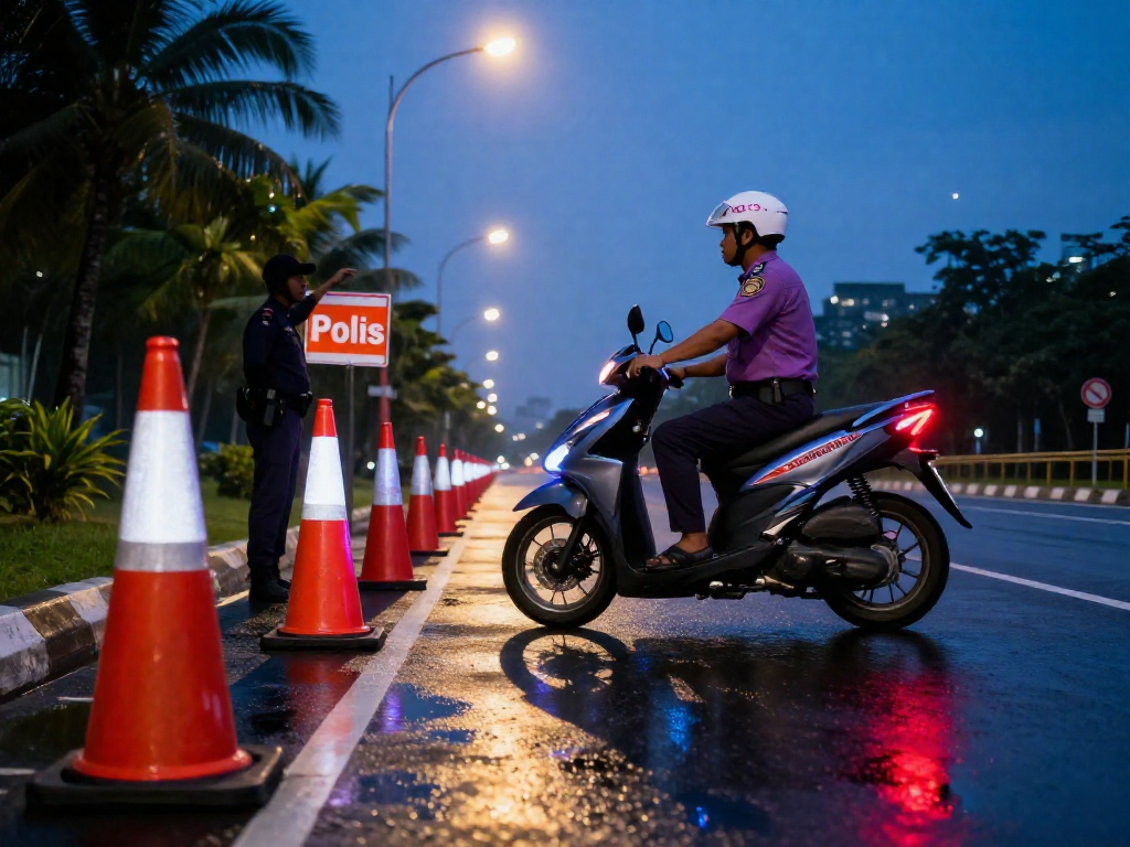 A motorcyclist on a scooter stopped at a police roadblock at dusk, hands on handlebars and foot down, with police lights reflecting on the wet road and an officer's silhouette signaling to stop.
