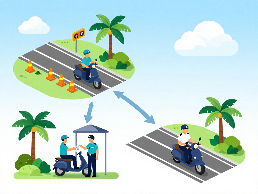 Flat vector illustration showing three steps of a roadblock stop: a scooter approaching, the rider handing documents to an officer, and the scooter riding away, with arrows connecting the scenes on a tropical road.