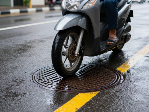 Close-up of a scooter tire on a wet manhole cover, with the rider braking gently at a junction.