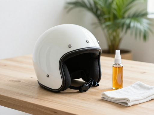 A clean motorcycle helmet on a wooden table with an essential oil spray bottle and a cloth nearby.