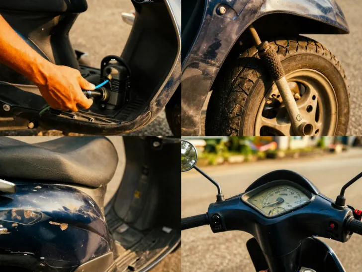 Collage showing close-up inspections of a used scooter: an engine dipstick, worn tyre tread, scratched bodywork