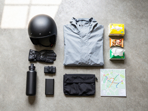 Overhead view of essential items for a motorbike trip laid out neatly on a concrete floor, including a helmet, jacket, gloves, water bottle, tools, and snacks.