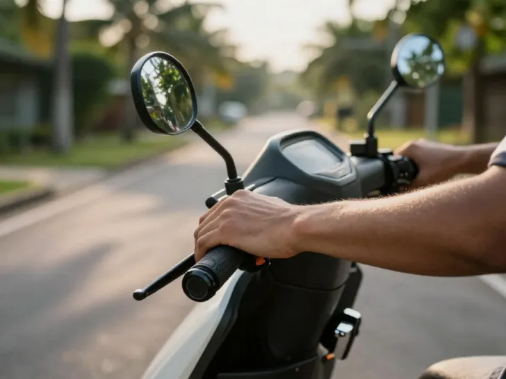 A close-up view of a rider's hands gently holding the handlebar grips of a scooter, with fingers relaxed and not