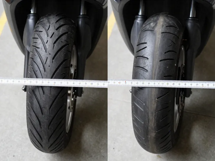 Two scooter tires placed side by side for comparison: one has deep tread grooves and the other is worn smooth, with a ruler