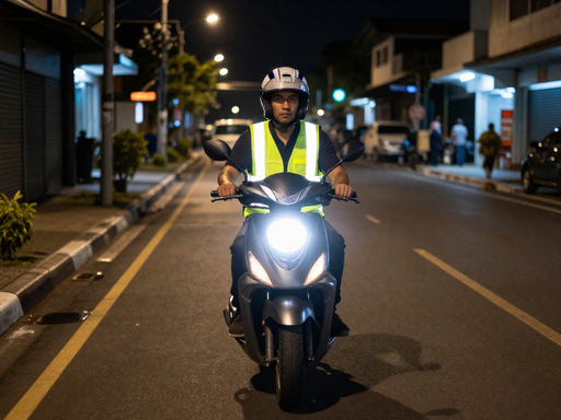 A motorcyclist in a reflective safety vest and helmet sits on a scooter at night on a city street, the gear brightly reflecting light from an unseen source.