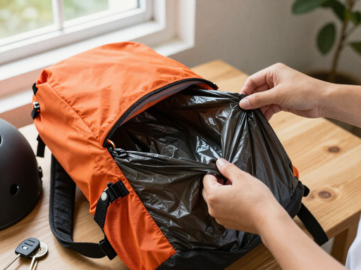 Hands lining a bright orange backpack with a black plastic trash bag, with a scooter helmet and keys on the table nearby.