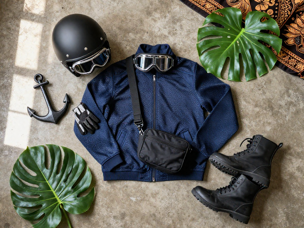 A flat lay arrangement of motorcycling gear including a helmet, jacket, gloves, bag, and boots, alongside tropical leaves on a concrete surface.