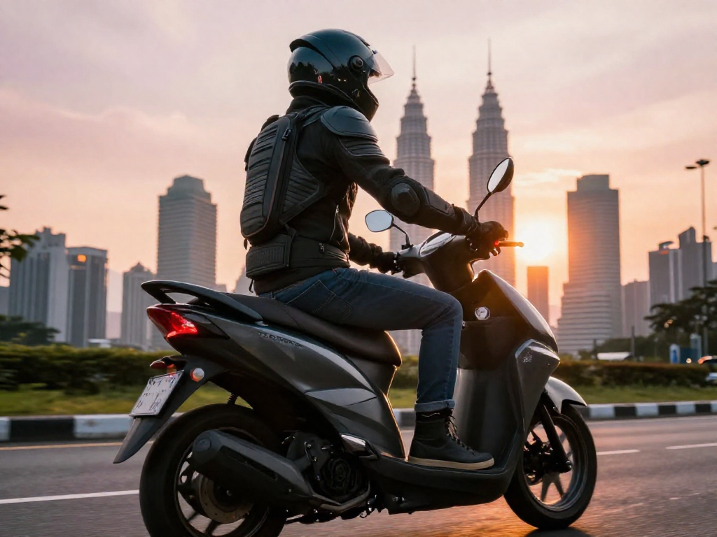A scooter rider wearing full protective gear, riding on a city road with the Kuala Lumpur skyline and Petronas Towers visible at sunset.