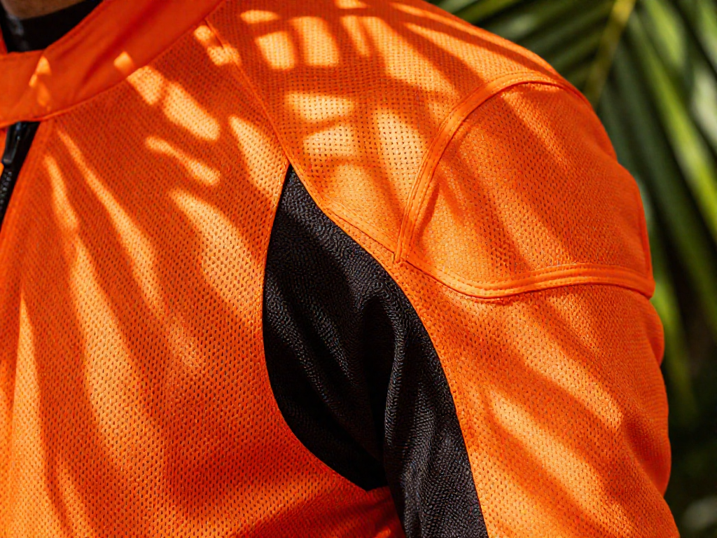 Close-up of a mesh motorcycle jacket showing the armored shoulder area and breathable perforations.