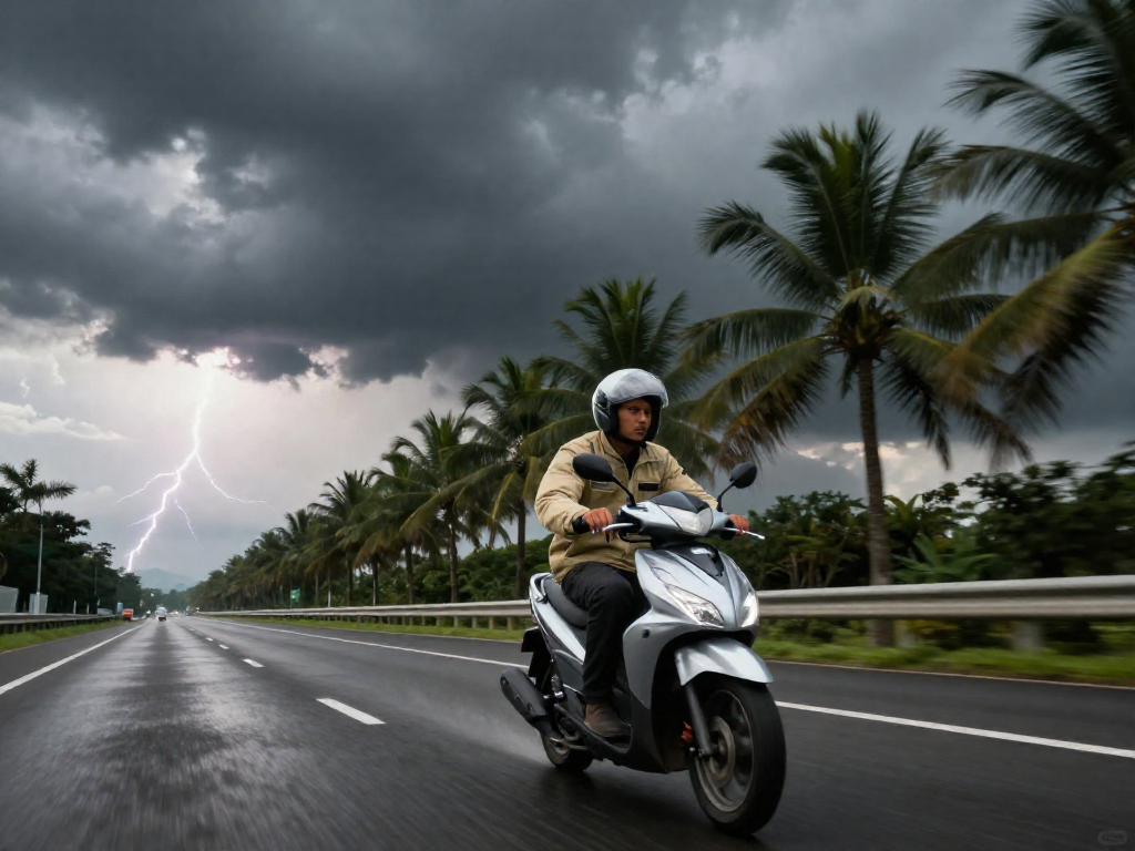 A motorcyclist wearing a textile jacket rides on a highway under stormy skies.