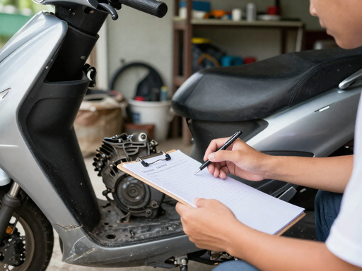A person uses a clipboard to inspect the engine of a used silver scooter in a garage.
