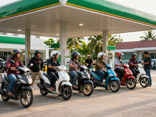 A group of scooter riders parked at a petrol station, talking and taking a break.