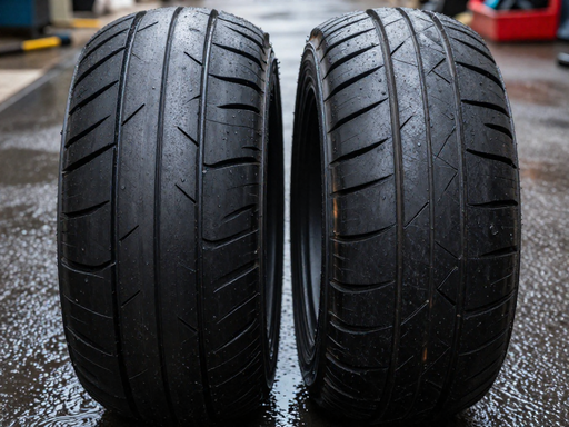 Close-up of two scooter tires on wet ground: one with worn tread and one with new tread, showing aquaplaning risk.