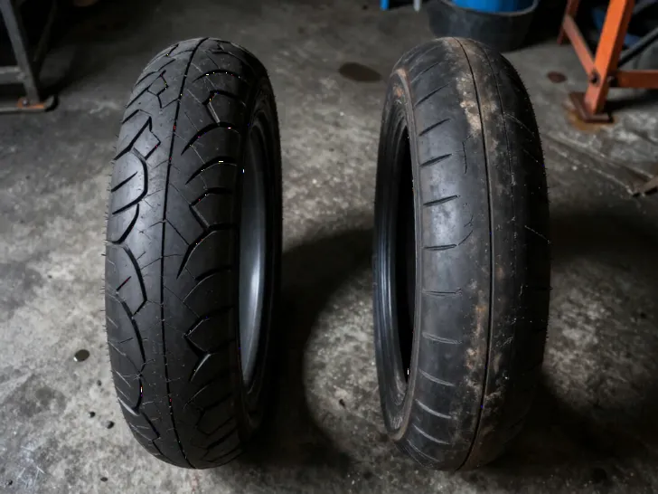 Two motorcycle tyres viewed from above: one with deep new tread and one worn smooth