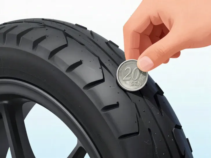Hand holding a Malaysian 20 sen coin inserted into a motorcycle tyre tread to check depth