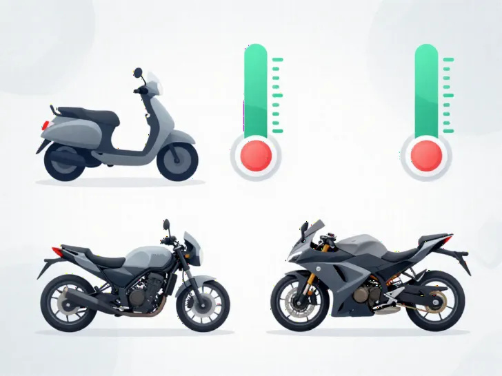 Infographic showing three motorcycle silhouettes with tyre pressure gauge icons indicating correct pressure levels