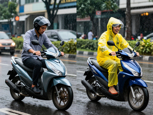 Two scooter riders in the rain: one soaked in office clothes looking unhappy, the other dry in a rain suit smiling.